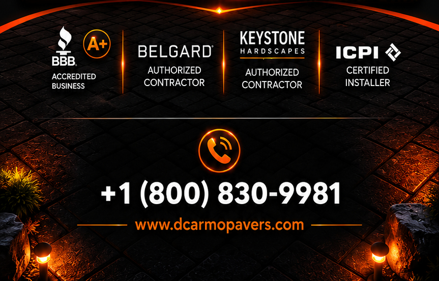 BBB A+ Accredited, Belgard Authorized Contractor, Keystone Authorized Contractor, ICPI Certified Installer, +1 (800) 830-9981, dcarmopavers.com